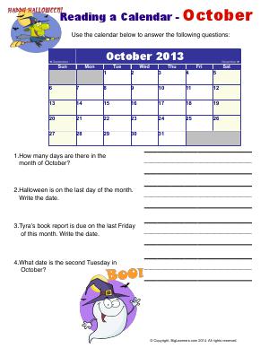 Preview image for worksheet with title Reading a Calendar - October