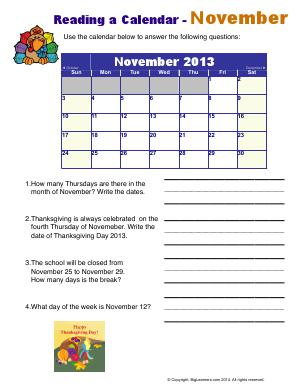 Preview image for worksheet with title Reading a Calendar - November