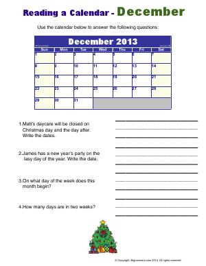 Preview image for worksheet with title Reading a Calendar - December