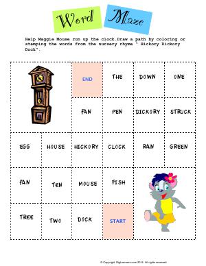 Preview image for worksheet with title Word Maze - Hickory Dickory Dock