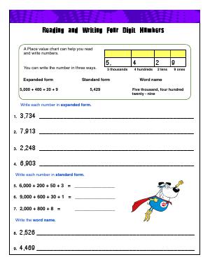 Preview image for worksheet with title Reading and Writing Four Digit Numbers