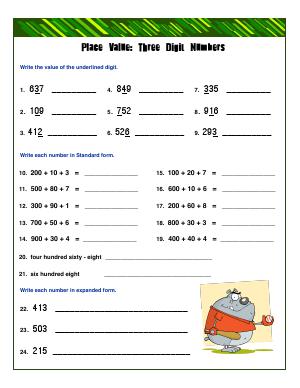 Preview image for worksheet with title Place Value : Three Digit Numbers