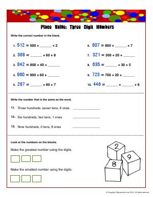 Preview image for worksheet with title Place Vlue : Three Digit Numbers-2