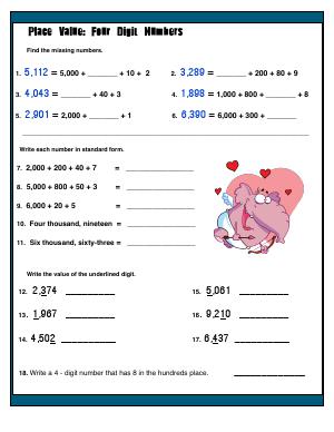 Preview image for worksheet with title Place Value : Four Digit Numbers