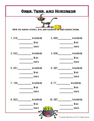 Preview image for worksheet with title Ones, Tens, Hundreds