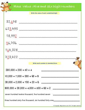 Preview image for worksheet with title Place Value : Five and Six Digit Numbers