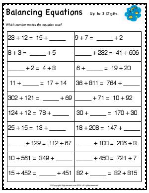 Preview image for worksheet with title Balancing Equations - Up to 3-Digits