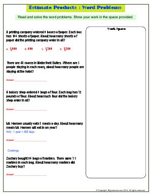 Preview image for worksheet with title Estimate Products : Word Problems