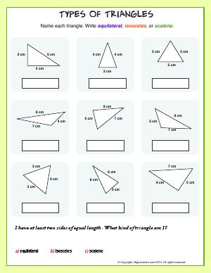 Preview image for worksheet with title Types of Triangles