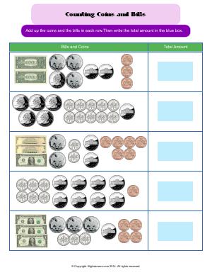 Preview image for worksheet with title Counting Bills and Coins