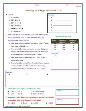 Preview image for worksheet with title Dividing by 1-Digit Numbers - III