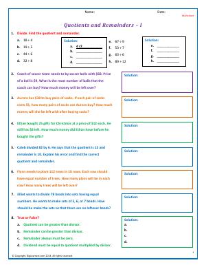 Preview image for worksheet with title Quotients and Remainders - I