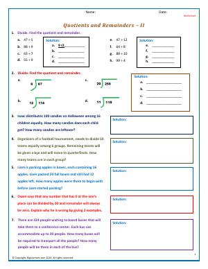 Preview image for worksheet with title Quotients and Remainders - II