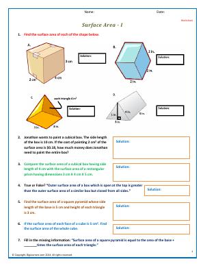 Preview image for worksheet with title Surface Area - I