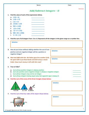 Preview image for worksheet with title Add/Subtract Integers - II