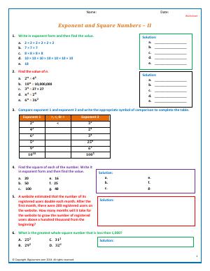 Preview image for worksheet with title Exponent and Square Numbers - II