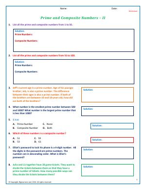 Preview image for worksheet with title Prime and Composite Numbers - II