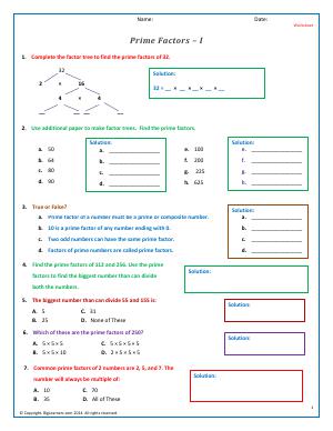 Preview image for worksheet with title Prime Factors - I