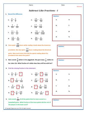 Preview image for worksheet with title Subtract Like Fractions - I