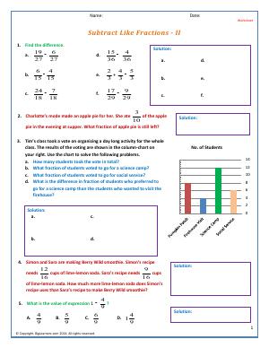 Preview image for worksheet with title Subtract Like Fractions - II