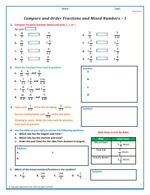 Preview image for worksheet with title Compare/Order Fractions and Mixed Numbers - I