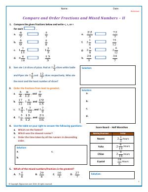 Preview image for worksheet with title Compare/Order Fractions and Mixed Numbers - II