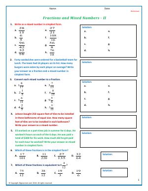 Preview image for worksheet with title Fractions and Mixed Numbers - II