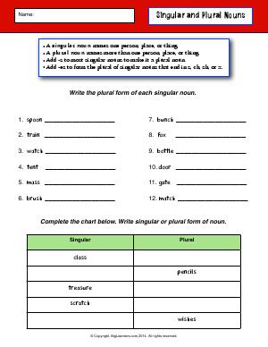 Preview image for worksheet with title Singular and Plural Nouns