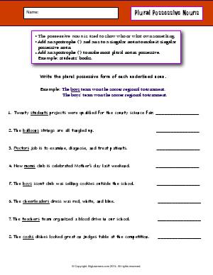Preview image for worksheet with title Plural Possessive Nouns
