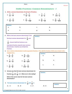 Preview image for worksheet with title Unlike Fractions: Common Denominators - I