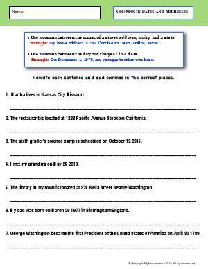 Preview image for worksheet with title Commas in Dates and Addresses
