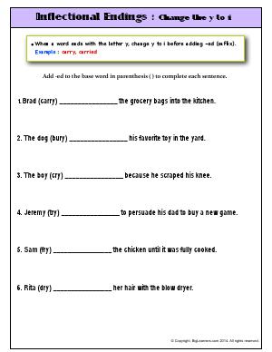 Preview image for worksheet with title Inflectional Endings : Change the y to i