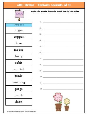 Preview image for worksheet with title ABC Order - Various sounds of O