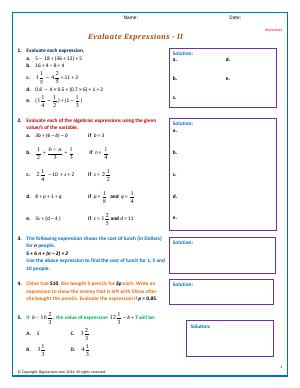 Preview image for worksheet with title Evaluate Expressions - II