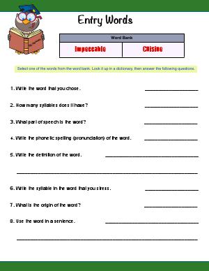 Preview image for worksheet with title Entry Words