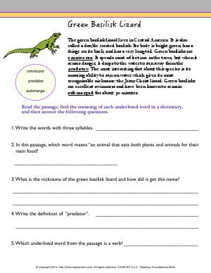 Preview image for worksheet with title Green Basilisk Lizard