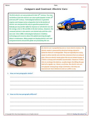 Preview image for worksheet with title Compare and Contrast: Electric Cars