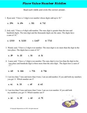 Preview image for worksheet with title Place Value Number Riddles