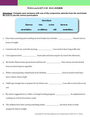 Preview image for worksheet with title Conjunctive Adverbs