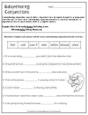 Preview image for worksheet with title Subordinating Conjunctions