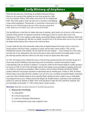 Preview image for worksheet with title Early History of Airplanes