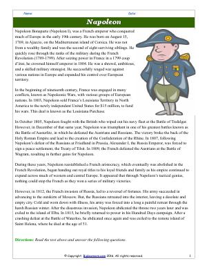 Preview image for worksheet with title Napoleon