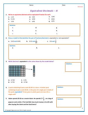 Equivalent Decimals | Fifth Grade Math Worksheets | Biglearners
